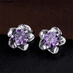Sterling Silver Floral Purple CZ Earrings